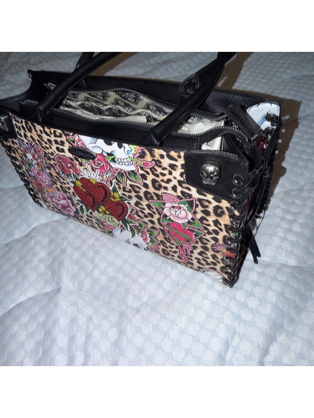 Ed Hardy Leopard Print With Roses, Skulls and Heart Tote Bag New with Tag